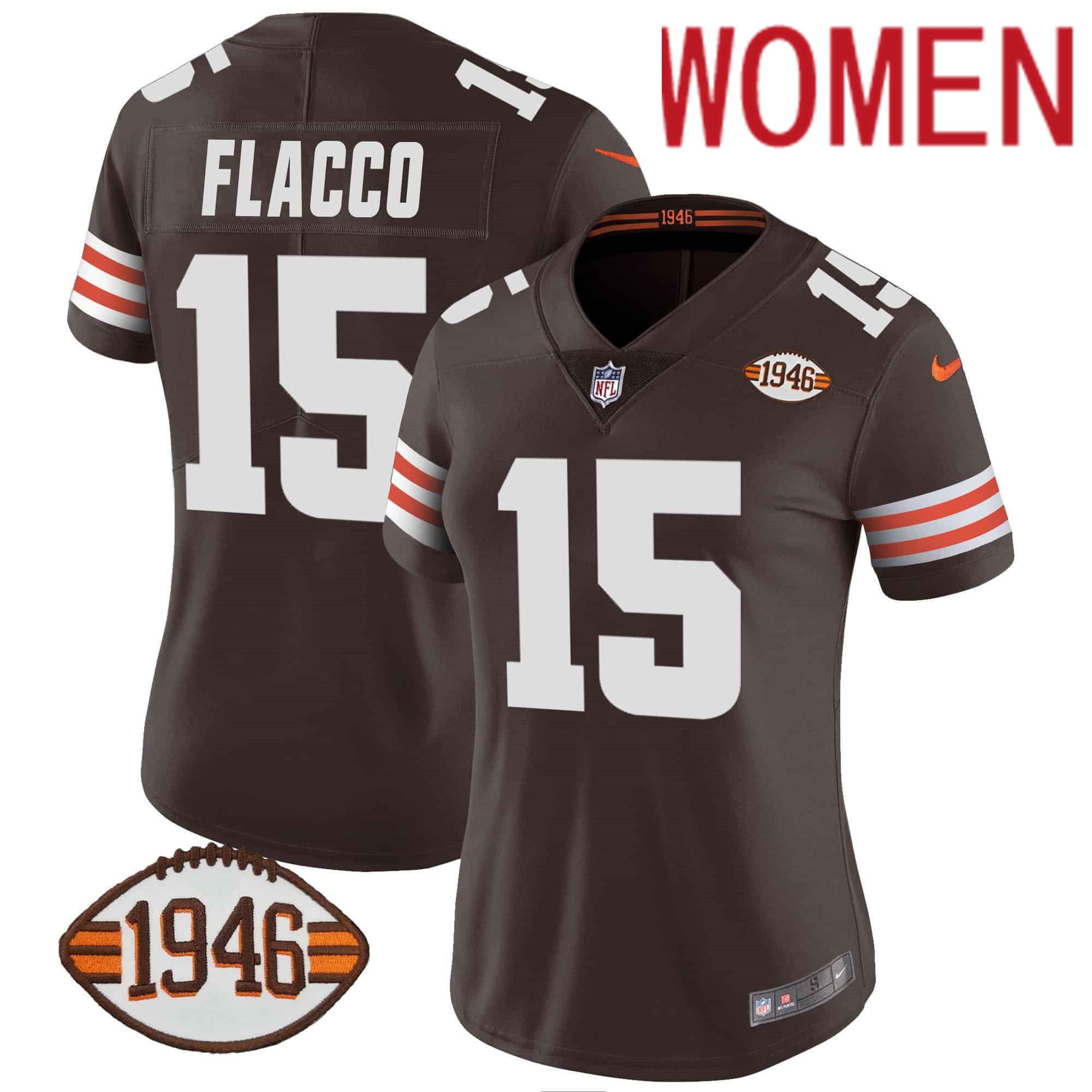Women Cleveland Browns 15 Flacco Brown 1946 75th Anniversary Patch 2024 Nike NFL Jersey style 1